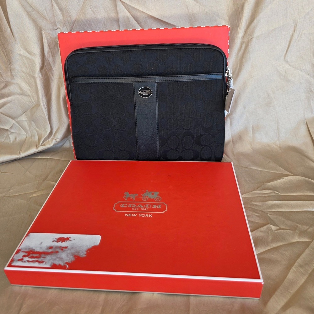 NWT Coach Signature iPad Sleeve Black Canvas Leather Trim Zip‎ Case 61010B NEW